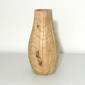 Hand Carved Mango Wood Vase Gold Leaf Pattern 12" Decorative Boho MCM Thailand
